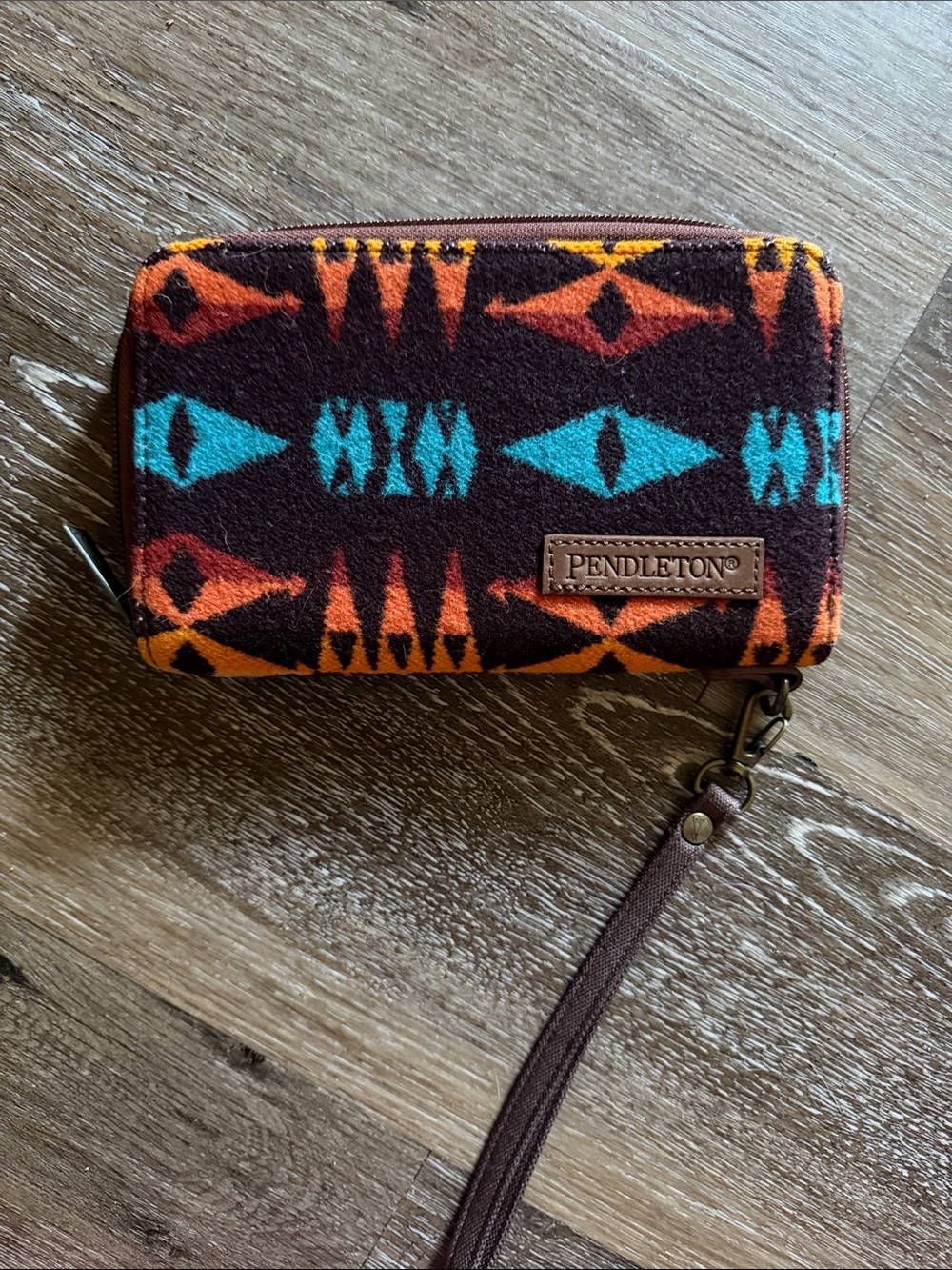 Pendleton Brown Wristlet with Turquoise & Orange Aztec Motif